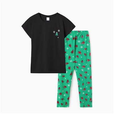 Пижама новогодняя женская (футболка, брюки) «Снежинки+Ёлка», чёрная, зелёная, размер 48