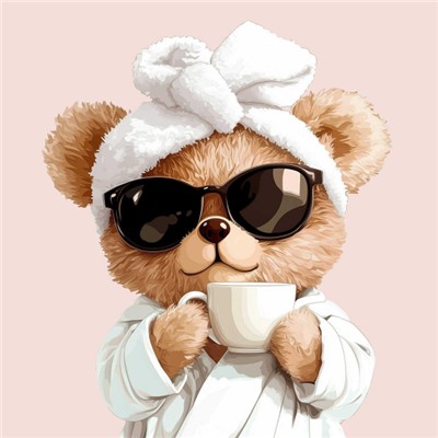 Алмазная мозаика по номерам 30х30 см (НА ПОДРАМНИКЕ) "МИШКА С КОФЕ" Частичная выкладка 71439 Феникс