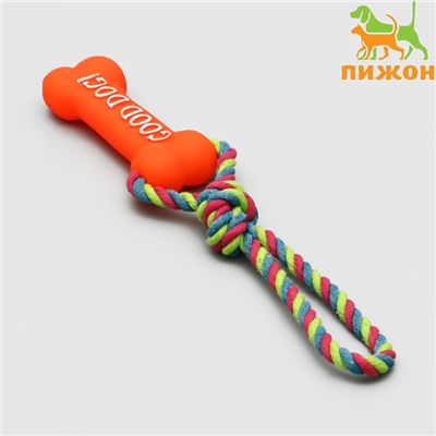 Игрушка резиновая «Кость» (14 см) с ручкой из каната для собак, до 37 см, микс цветов