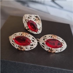 Комплект ювелирной бижутерии коллекция "Дубай",серьги и кольцо покрытие серебрение, вставка: камень красный, р-р 20, 09809, арт.216.375-20