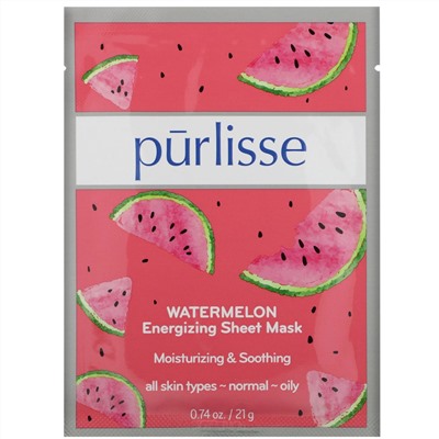 Purlisse, Watermelon, Energizing Sheet Mask, 6 Sheets, .074 oz (21 g) Each