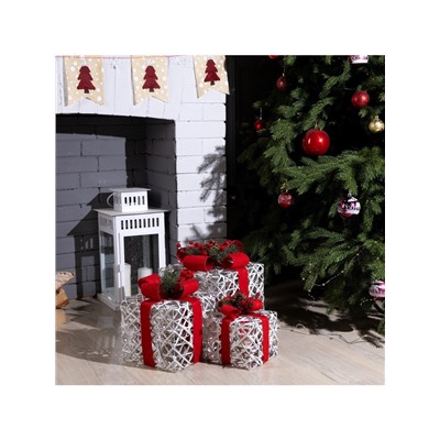 Светодиодная фигура «Серебристые подарки с красной лентой» 15, 20, 25 см, текстиль, металл, 220 В, свечение тёплое белое