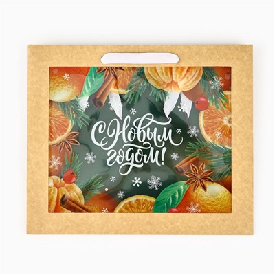 Пакет подарочный новогодний крафтовый с пластиковым окном «С Новым годом», 31×26×11 см