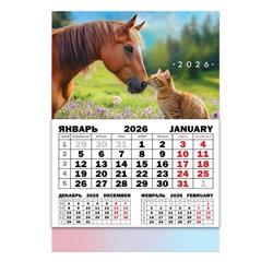 Календарь настенный квартальный 2026 «Лошадь с котенком», 30×46 см