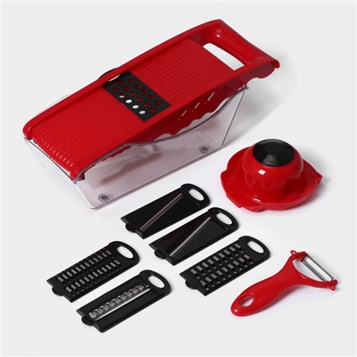 Тёрка с лотком Доляна Vegan, 6 насадок, 30×10.5×11 см, цвет зелёный, овощечистка металлическая, цвет красный