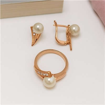 Комплект ювелирной бижутерии коллекция "Дубай" серьги и кольцо 20 р, покрытие позолота, вставка: искусственный жемчуг и фианиты, арт.007.203-20