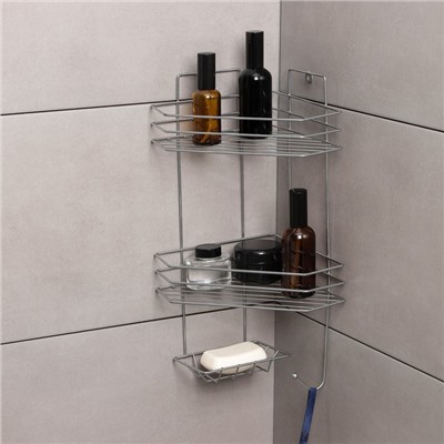 Полка угловая с мыльницей и вешалкой 2-х ярусная, 25.5×42.5 см, цвет хром