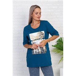 Футболка удлиненная с рисунком листья пальмы, Арт. 786 (Морская волна)