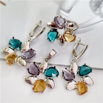 Комплект украшений ювелирной бижутерии с покрытием посеребрение, серьги, кольцо и кулон, вставка: фианит, цвет: желтый, сиреневый, морская волна, р-р 20, арт.214.648-20