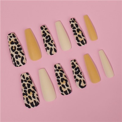 Накладные ногти «Леопард», 12 шт., с клеевыми пластинами, форма балерина, бежевые, чёрные