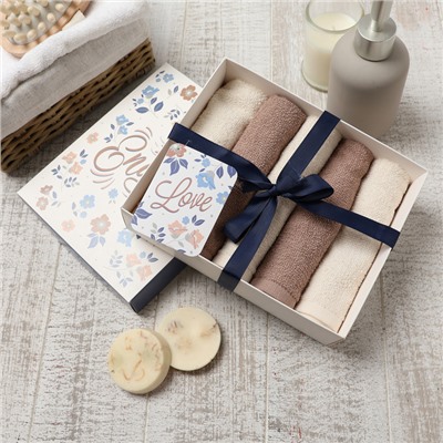 Салфетки махровые «Этель. Голубые цветы», 5 шт., 30×30 см, хлопок 100%, бежевые/коричневые