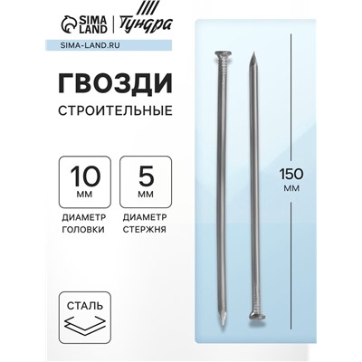 Гвозди ТУНДРА, строительные, ГОСТ 4028-63, без покрытия, 5×150 мм, 5 кг