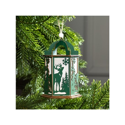 Ёлочная игрушка «Зелёный фонарь с оленем», 13×9×9 см, от батареек, свечение тёплое белое