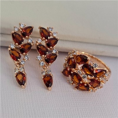 Комплект ювелирная бижутерия коллекция  "Дубай" серьги и кольцо 19 р, покрытие: позолота, вставка: фианиты, цвет: оранжево-красный и прозрачный, арт.313.047-19