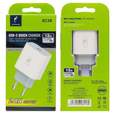 Адаптер Сетевой SKYDOLPHIN SC38 Type-C 2,4A/12W (white)