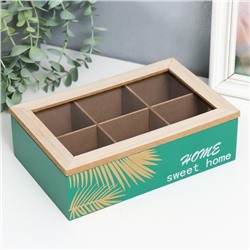 Шкатулка для чая с делениями «Пальмовые листья», дерево, зелёная с золотом, 7×16.5×24 см