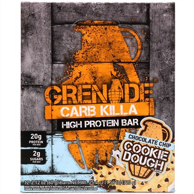 Grenade, Carb Killa, батончик с высоким содержанием белка, печенье с шоколадной крошкой, 12 батончиков, 2,12 унц. (60 г) каждый