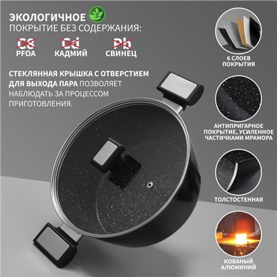 Кастрюля Magistro Warrior, 4 л, d=24 см, h=10.5 см, с крышкой, антипригарное покрытие, индукция, алюминий, чёрная