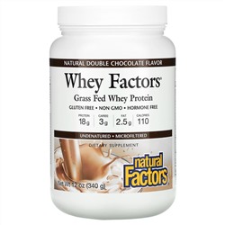 Natural Factors, Whey Factors, 100% натуральный сывороточный белок, с натуральным вкусом двойного шоколада, 12 унций (340 г)