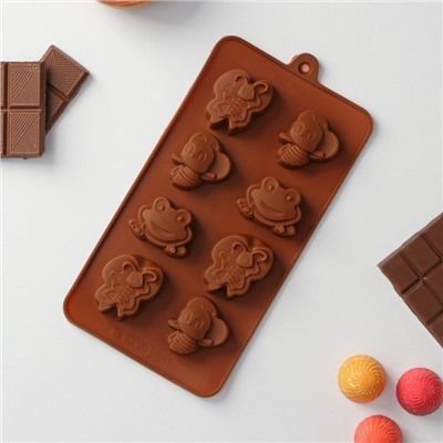 Форма для шоколада Доляна «Насекомые», силикон, 22×11.5×2 см, 8 ячеек, коричневая