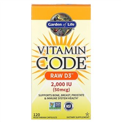Garden of Life, Vitamin Code, RAW D3, 50 мкг (2000 МЕ), 120 вегетарианских капсул