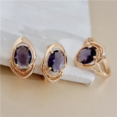 Комплект ювелирной бижутерии коллекция "Дубай" серьги и кольцо 19 р, покрытие позолота, вставка: стекло, цвет: фиолетовый, арт.313.501-19