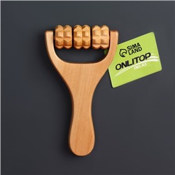 Массажёр роликовый, деревянный, с ручкой, универсальный, 14.5×8×3 см, 3 барабана