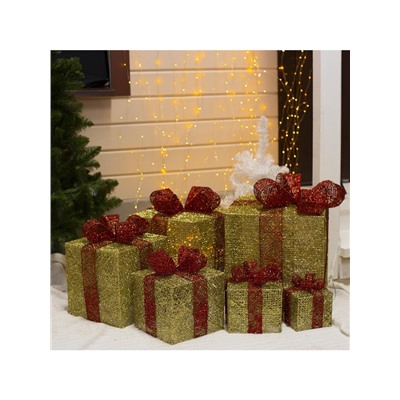 Светодиодная фигура «Подарки с красной лентой» 15, 20, 25, 30, 35, 40 см, текстиль, металл, 220 В, 8 режимов, свечение тёплое белое