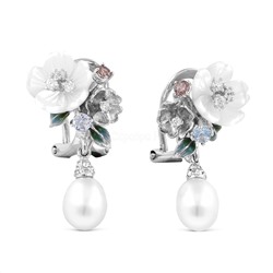 Серьги из родир.серебра с культ.жемчугом,перламутром,нат.топазом,юв.стеклом,эмалью и кб.цирконием 925 пробы 2ES0221201301