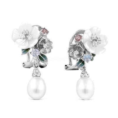 Серьги из родир.серебра с культ.жемчугом,перламутром,нат.топазом,юв.стеклом,эмалью и кб.цирконием 925 пробы 2ES0221201301