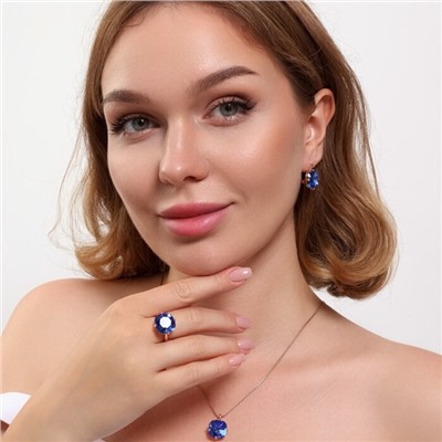 Комплект ювелирной бижутерии коллекция "Дубай" серьги, кулон и кольцо 18 р, покрытие позолота, вставка: искусственный кристалл под Сваровски, цвет: синий, арт.314.813-18