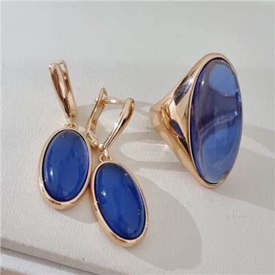 Комплект ювелирной бижутерии коллекция "Дубай" серьги и кольцо 17 р, покрытие позолота, вставка: пластик, цвет: синий, арт.313.462-17