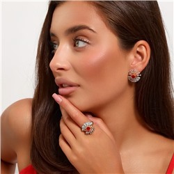 Комплект ювелирная бижутерия коллекция  "Дубай" серьги и кольцо 17 р, покрытие: позолота, вставка: фианит, цвет: красный и прозрачный, арт.313.112-17