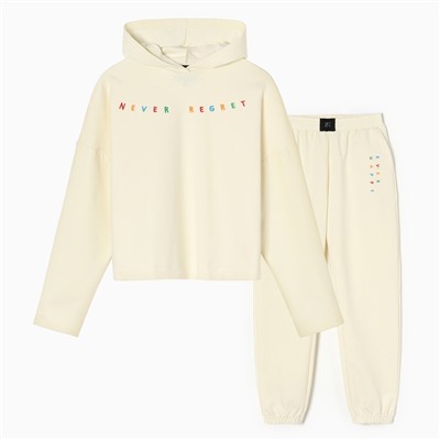 Костюм с вышивкой женский (толстовка, брюки) MIST No regrets, размер 48-50, молочный