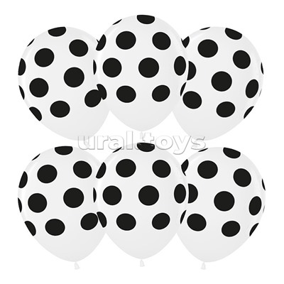 Шар (12''/30 см) Черные точки, Белый, пастель, 5 ст, 25 шт.