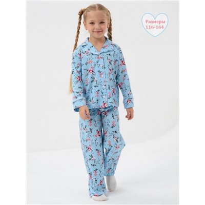 Пижама Бутоньерка кант для девочки подростка со штанами и рубашкой (Голубой)