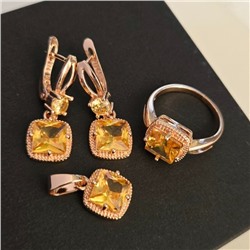 Комплект ювелирной бижутерии Дубайское золото: серьги, кулон и кольцо 19 р с крупным камнем, покрытие позолота, вставка: фианит, цвет: желтый, арт.314.965-19