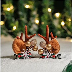 Новогодние заколки "Ушки Оленя с рожками", Набор 2 штуки. СНЕЖИНКИ с БАНТИКАМИ