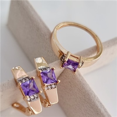 Комплект ювелирная бижутерия коллекция  "Дубай" серьги и кольцо 19 р, покрытие: позолота, вставка: фианиты, цвет: фиолетовый и прозрачный, арт.217.293-19