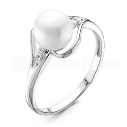 Кольцо из серебра с культ.жемчугом и фианитами родированное 925 пробы км046р1005