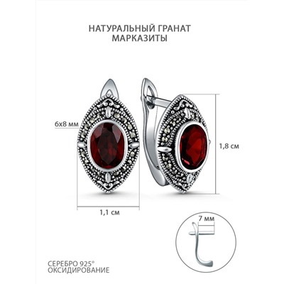 Серьги из чернёного серебра с натуральным гранатом и марказитами 925 пробы HE1751-AFG-LK