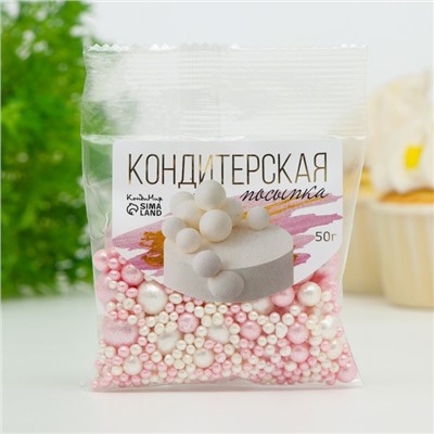 Посыпка кондитерская «БЛЕСК НЕЖНЫЙ» (Розовый, белоснежный), 50 г