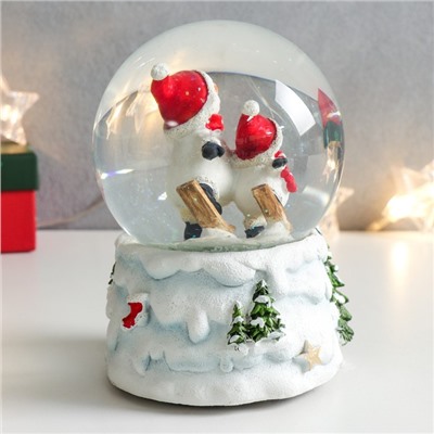 Снежный шар новогодний стеклянный «Два снеговичка и оленёнок», музыкальный, 11×10×14 см