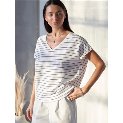 Футболка в полоску с V-вырезом и цельнокроеным рукавом из премиального хлопка