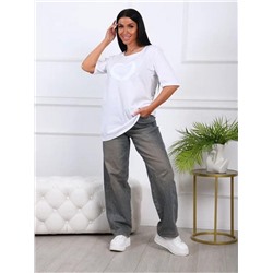 Футболка удлиненная 783 (Белый с белым сердцем)