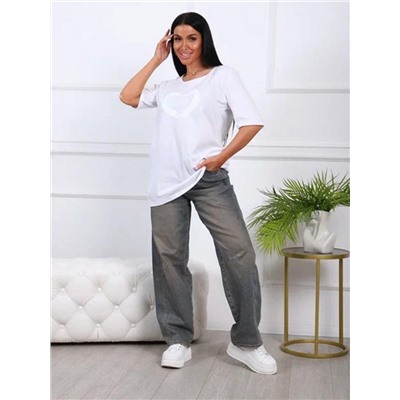 Футболка удлиненная 783 (Белый с белым сердцем)