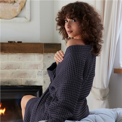 Халат вафельный женский удлинённый «Этель» Boho, размер 42-44, хлопок, 290 г/м², тёмно-серый