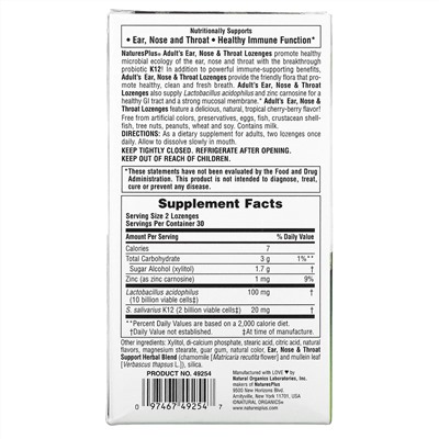 Nature's Plus, добавка для ушей, горла, носа, леденцы для взрослых, натуральная тропическая вишня, 60 леденцов