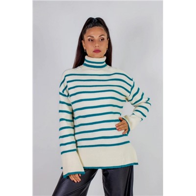 Теплая туника в полоску высокий ворот арт. 2918 (Молочный_бирюзовая полоса)