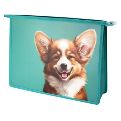 Папка для тетрадей А4 на молнии сверху пластиковая 33х23х7 см 69293 "ВЕСЕЛЫЙ КОРГИ" Феникс